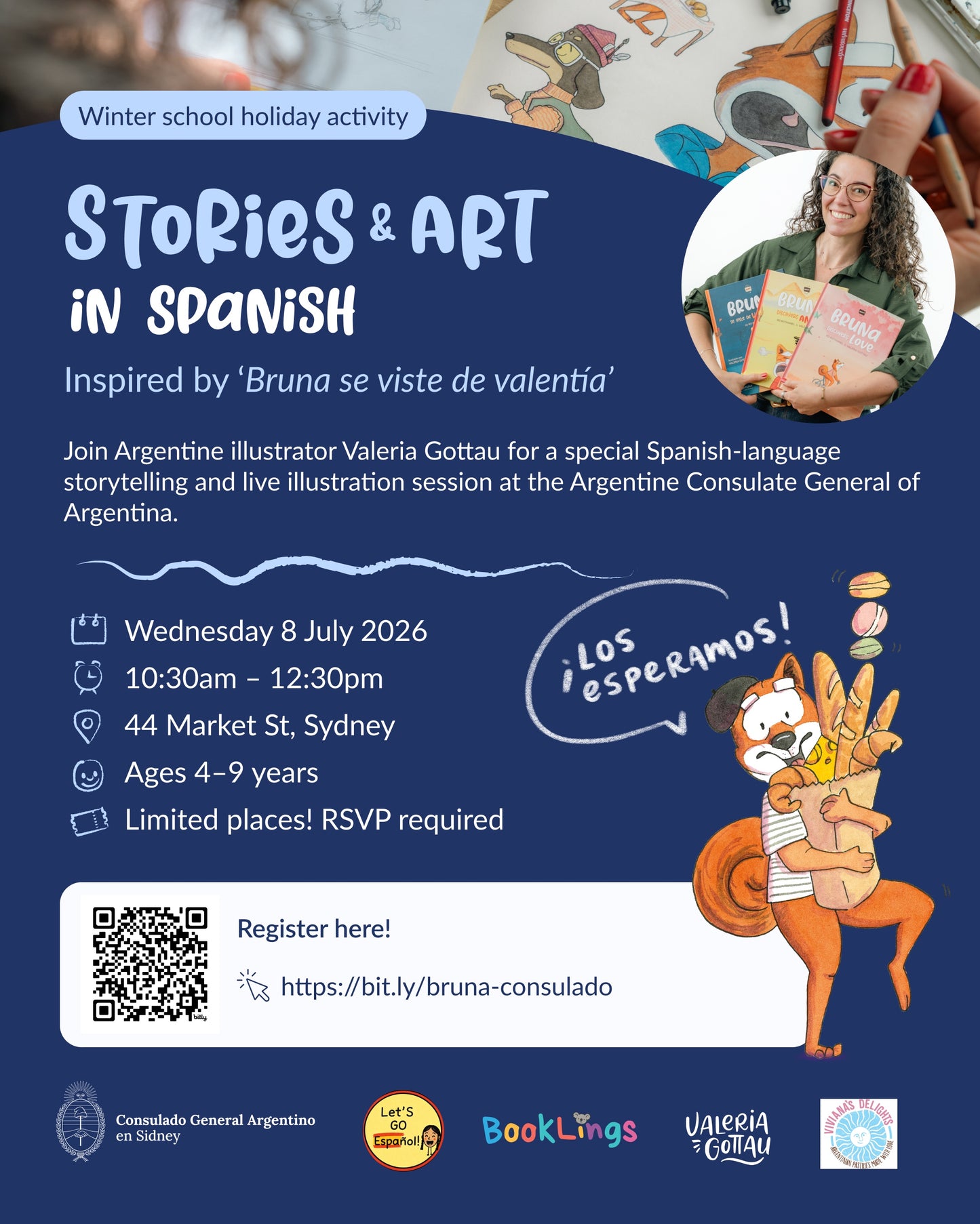 Promotional flyer for a Spanish storytelling and illustration event at the Argentine Consulate General of Sydney.