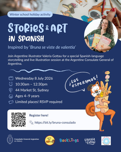 Promotional flyer for a Spanish storytelling and illustration event at the Argentine Consulate General of Sydney.