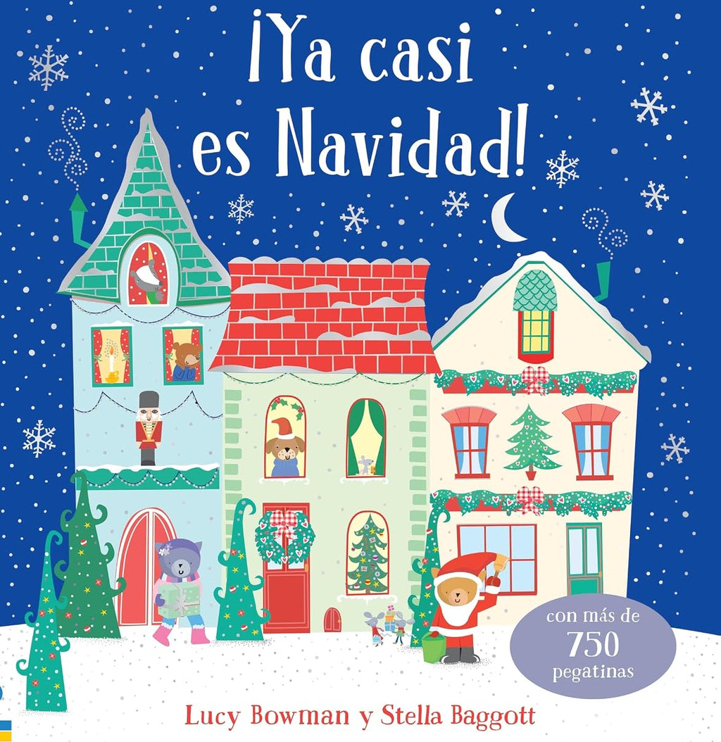Front cover of the Usborne children's sticker book '¡Ya casi es Navidad!' showing a festive winter village scene with snow, decorated houses, Christmas trees, and holiday characters on a blue background.