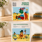 Children's book cover shown in a styled tabletop setting, with a top-down view and a front cover view stacked on a wooden surface beside books and a plant. The visible title reads 'Manuelita la Tortuga' and the author names Maria Elena Walsh and Pablo A.