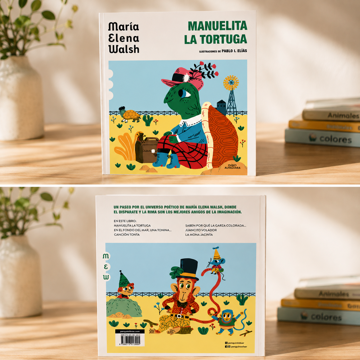 Children's book cover shown in a styled tabletop setting, with a top-down view and a front cover view stacked on a wooden surface beside books and a plant. The visible title reads 'Manuelita la Tortuga' and the author names Maria Elena Walsh and Pablo A.