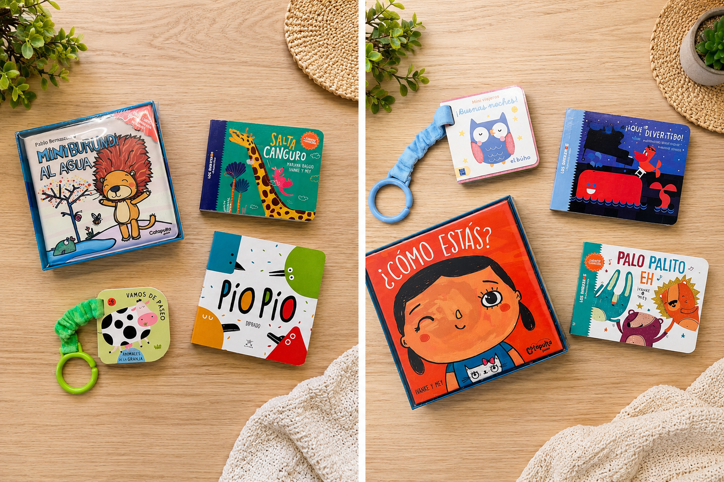 Collection of children's books and toys on a wooden surface with plants in the background.