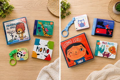 Collection of children's books and toys on a wooden surface with plants in the background.