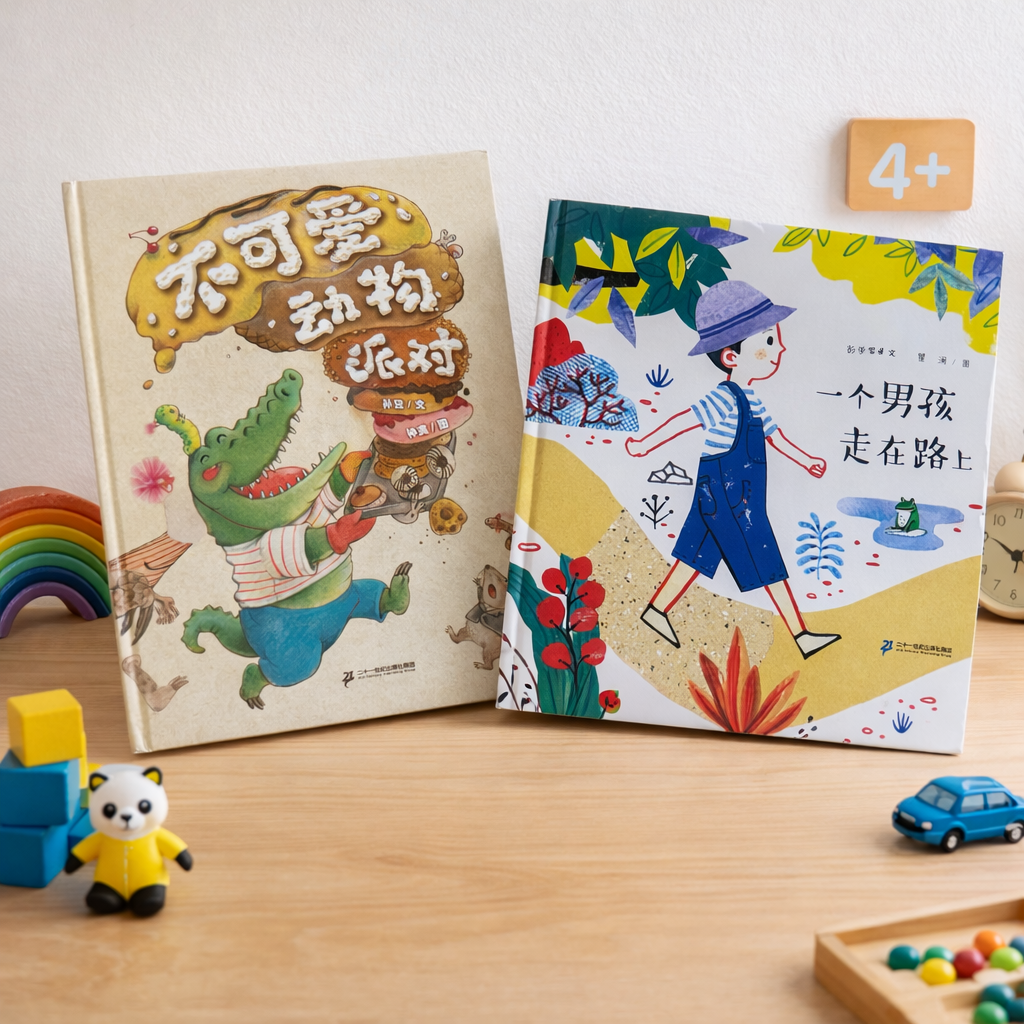 Two children's books on a wooden surface with toys and a calendar in the background.