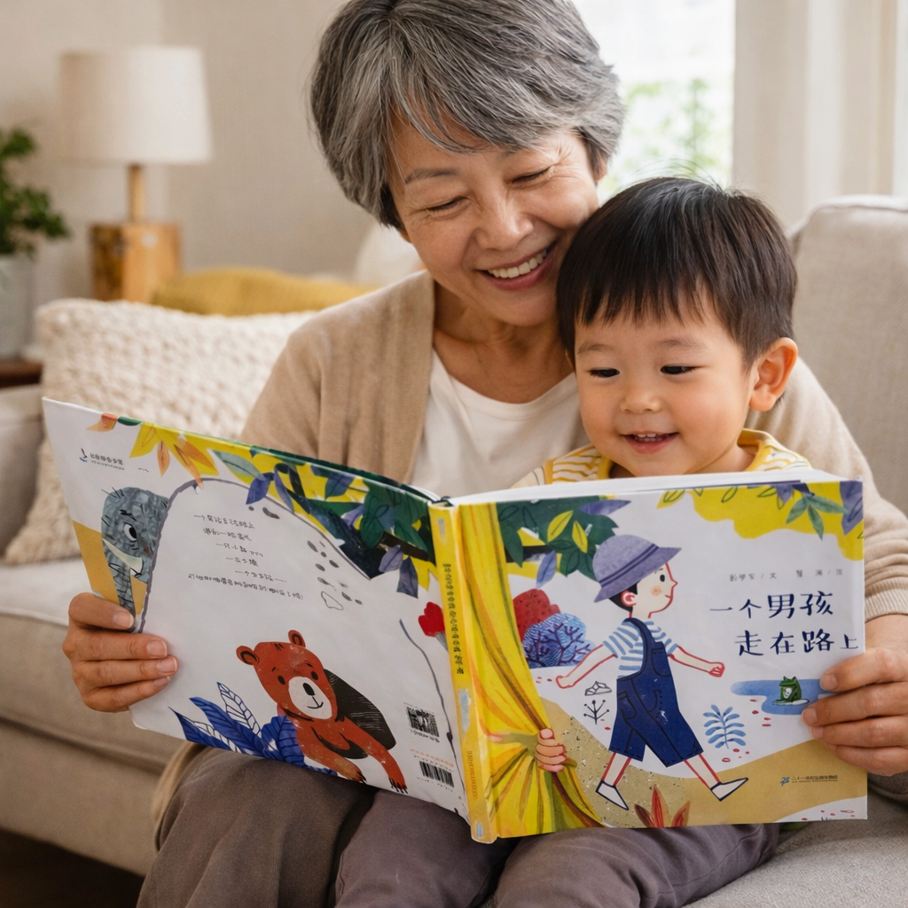 Grandmother and grandson reading a colorful book together in a cozy living room.