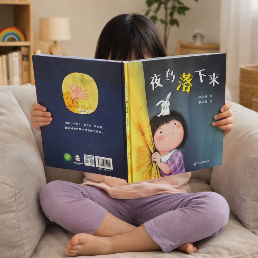 Person reading a book with colorful illustrations on a couch