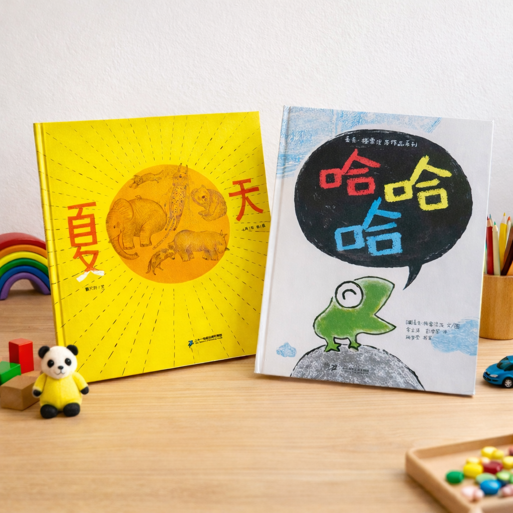 Two children's books on a wooden surface with educational toys around